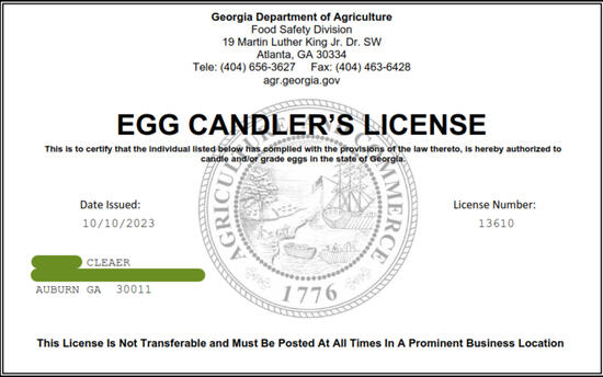 Our egg candler license is one small part of how we maintain proper standards and transparency in our operation.